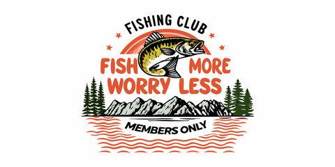 Fishing club members only graphic design featuring a bass fish jumping over mountains and water