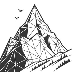 Black abstract polygonal mountain with birds white