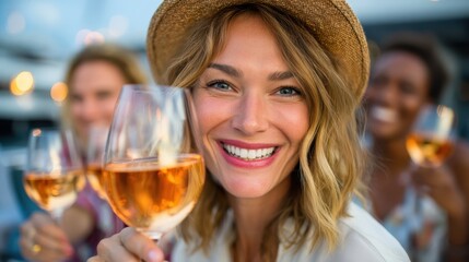 A blond woman in a straw hat smiles, raising her wine glass. Two other women in the background also hold wine glasses and smile during the daytime event