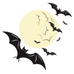 Naklejka premium Black bats flying around a pale yellow full moon night