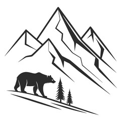 Black bear walking in front of geometric mountain range