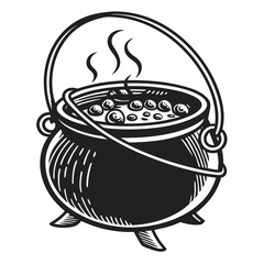 Black cauldron with bubbling liquid and steam white