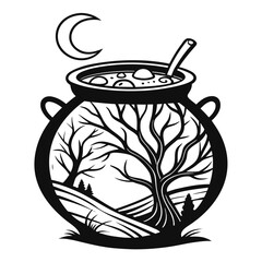 Black cauldron with spooky landscape and moon witch