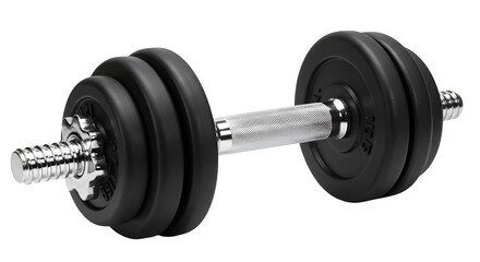 Black dumbbell features chrome handle on dark background. Use for fitness branding, product photography, posters.
