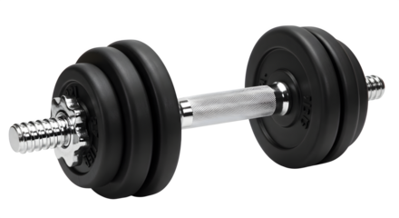 Black dumbbell features chrome handle on dark background. Use for fitness branding, product photography, posters.