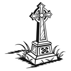 Black Celtic cross tombstone on white background graveyard