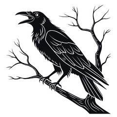 Black crow perched on bare branch silhouette raven 1