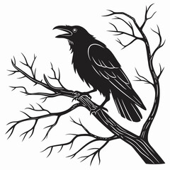 Black crow perched on bare tree branch silhouette raven
