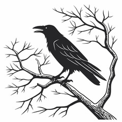 Black crow perched on bare tree branches silhouette