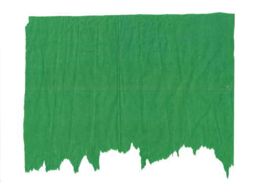 Torn Green Translucent Sheet with Vertical Folds and Jagged Bottom Edge on Transparent Background