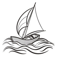 Black outline sailboat on stylized waves sailing water 1