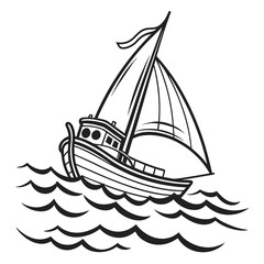 Black outline sailboat on wavy water sailing waves