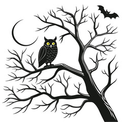 Black owl on bare tree branch with moon and bat vector