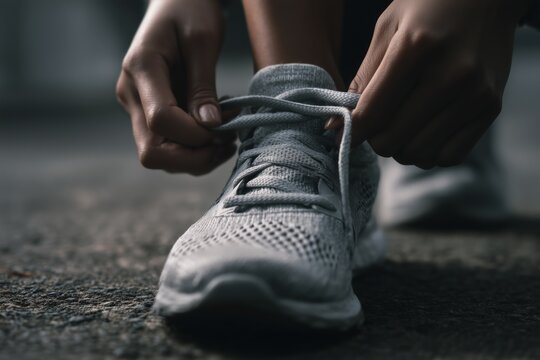 Close-up of a person tying shoelaces on a gray running shoe