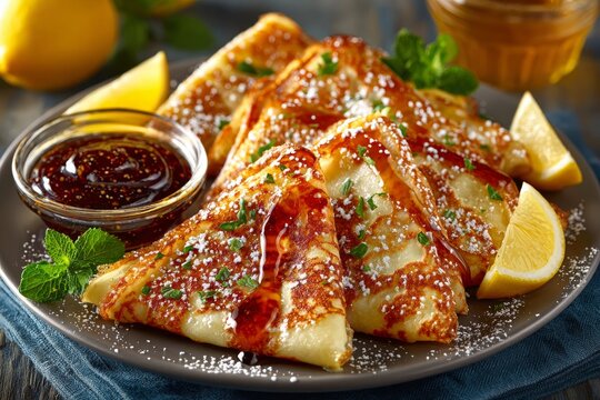Deliciosas crepas caseras servidas con miel y rodajas de lim&oacute;n en una mesa r&uacute;stica