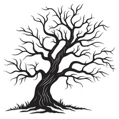 Black silhouette of a gnarled bare tree with crooked branches 3