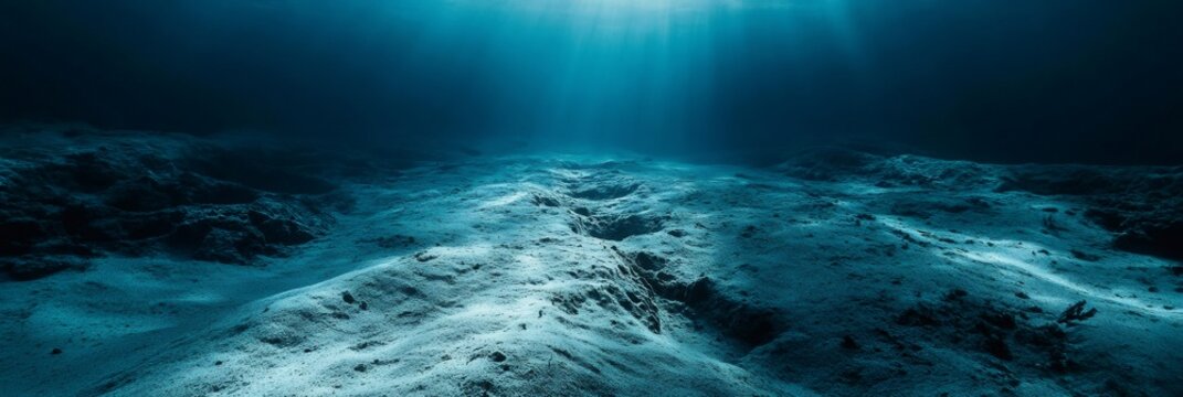 Sun rays filtering through the deep ocean water illuminate the epicenter of an earthquake, creating dramatic seismic waves across the ocean floor and revealing the underwater landscape