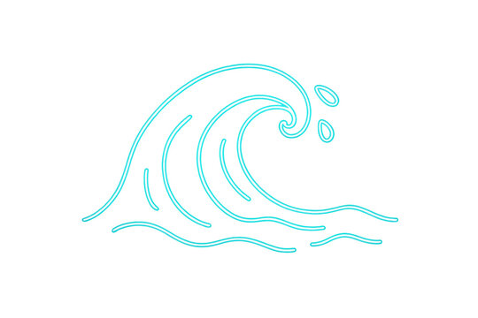 Ocean wave neon glowing line art transparent background