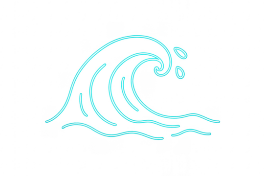 Ocean wave neon glowing line art transparent background