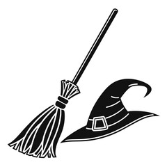 Black witch hat and broom on white background halloween