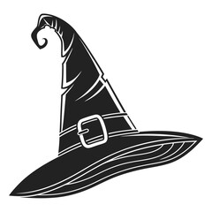 Black witch hat with white buckle and stripes pointy