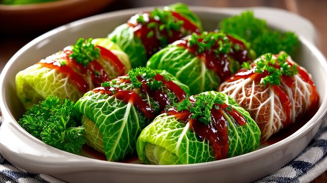 Deliciosos rollos de repollo con salsa en un plato claro en una cocina luminosa