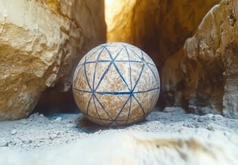 Mysterious sphere with geometric pattern nestled between desert rocks.