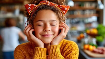 A young girl wearing a yellow sweater and headband is listening to music with headphones. She is smiling and has her eyes closed in a kitchen