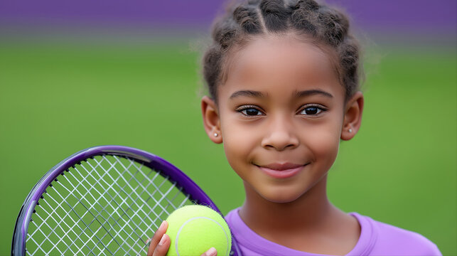 Young african female child holding tennis ball and racket on green court