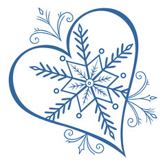 Blue snowflake heart shape with swirls white