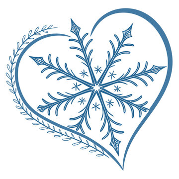 Blue snowflake heart with leaf border graphic symbol