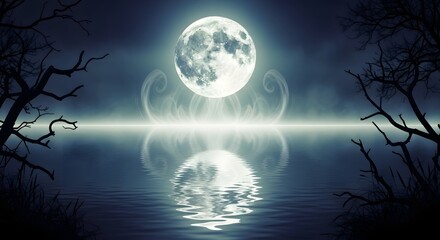 Fototapeta premium Mysterious Full Moon Reflection Over Dark Water at Night