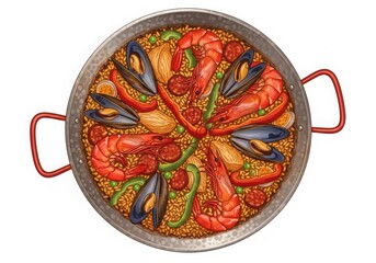 Top view of a traditional spanish paella in a large pan, filled with rice, shrimp, mussels, chorizo, and bell peppers
