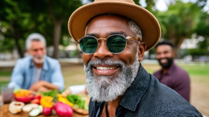 A smiling African American man wearing a hat and sunglasses poses at a picnic table full of food while socializing with friends in a sunny park setting