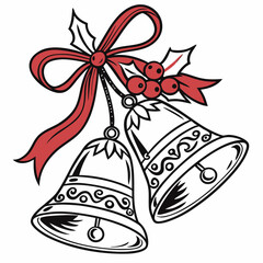 Christmas bells with red bow and holly berries pair