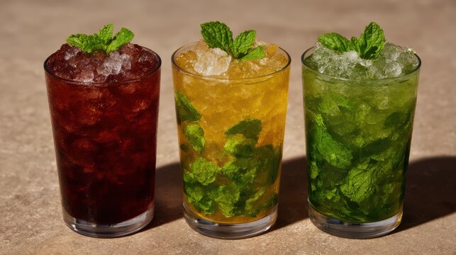 Refreshing colorful mojito cocktails with mint and crushed ice.