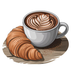 A classic morning breakfast with a hot cup of coffee and a sweet chocolate croissant on a white plate