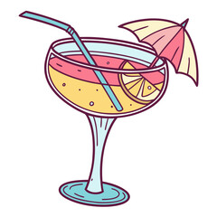 Colorful cocktail with umbrella and lemon slice drink