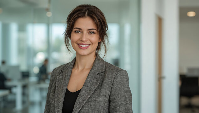 Elegante Retrato de una Joven Gerente o Emprendedora Cauc&aacute;sica con Sonrisa C&aacute;lida en un Edificio de Oficinas.
