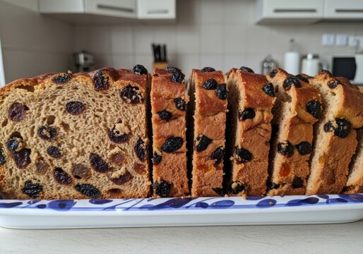 Pan dulce con pasas recién horneado, presentado en una bandeja en una cocina moderna