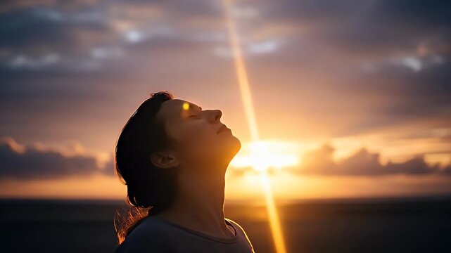 Woman Silhouetted By Golden Sunset Rays With Closed Eyes and Uplifted Face Outdoors