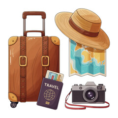 A vintage leather travel suitcase and bag icon set, perfect for illustrating a journey or holiday baggage vector design