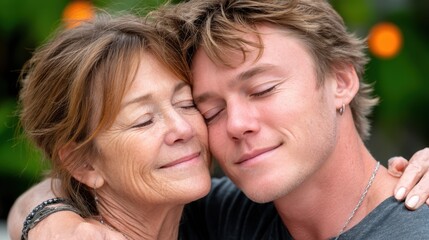 A middle aged Mother and young adult Son are embracing each other. They are outside. Their eyes are closed and they are smiling. They seem very happy