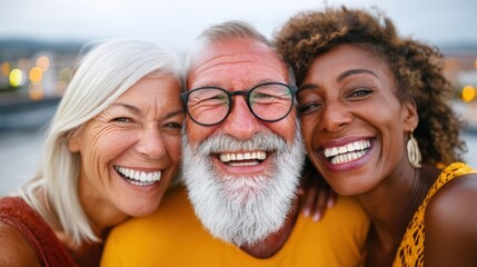 Three smiling friends pose for a selfie together outdoors. Two women, one with short gray hair and one with curly brown hair, flank a bearded man with glasses. All show joy
