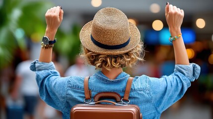 A woman with short, curly hair is seen from the back. She wears a hat, denim shirt, and carries a suitcase. Her arms are raised in excitement in a crowded area