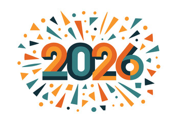 Happy New Year 2026 vector background. Retro geometric colorful text with a vibrant explosion of shapes. Ideal for seasonal holiday web banners, flyers, and festive designs.