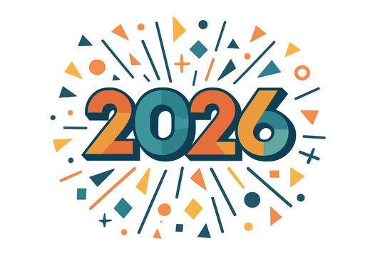 Happy New Year 2026 greeting card design. Retro geometric numbers with a festive confetti explosion. Vector illustration for holiday web banners, posters, and party flyers.