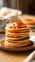 Generative AI syrupy stack of delicious pancakes poured with honey.
