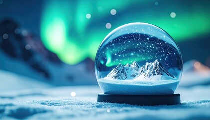A captivating snow globe presents a serene winter landscape featuring snow-capped mountains, encapsulated under a starry sky and the mesmerizing glow of the aurora borealis, all set against a...