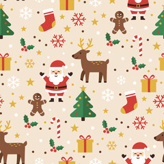Christmas Pattern Vector. Seamless Retro Christmas Pattern with Santa, Reindeer, Elf, Gingerbread, Candy Cane, and Tree Vintage holiday seamless pattern Background.